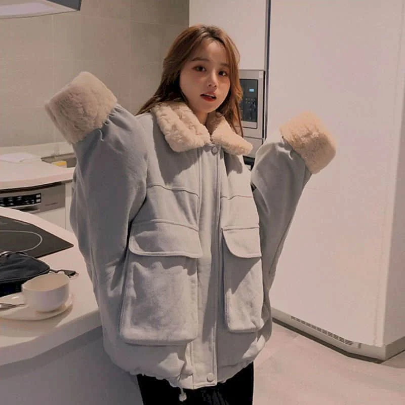 New Winter Kawaii Coat Women Parkas Top College Thick Velvet Loose Cute Women Jacket Female Sweet Outwear Clothing ► Photo 1/6