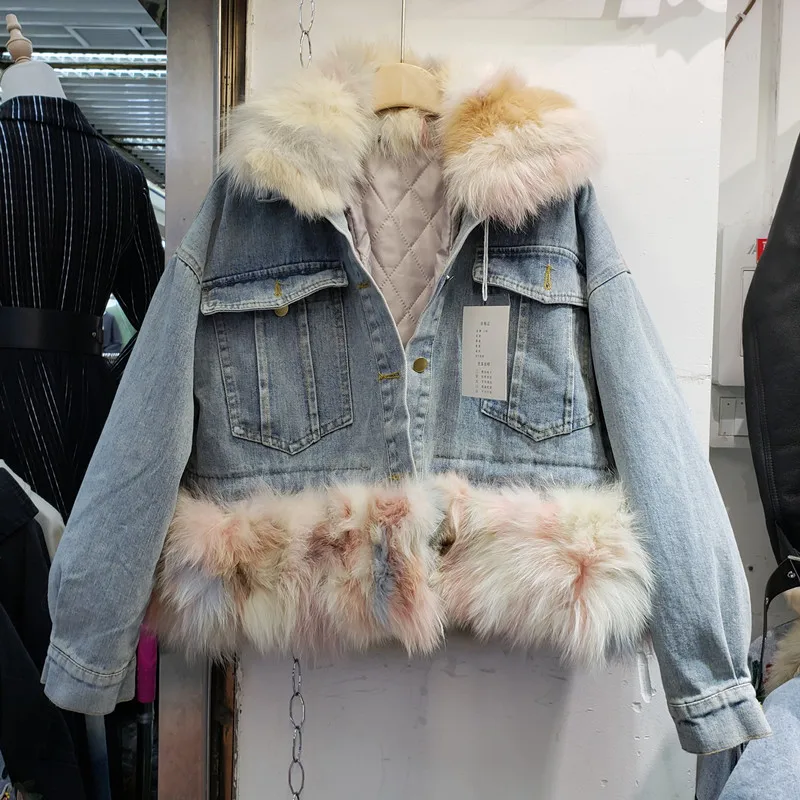 Color fur collar Зимняя джинсовая куртка из натурального Лисьего меха, женское уличное короткое хлопковое джинсовое пальто, женская теплая куртка, Femme chaqueta flecos mujer - Цвет: Color fur collar