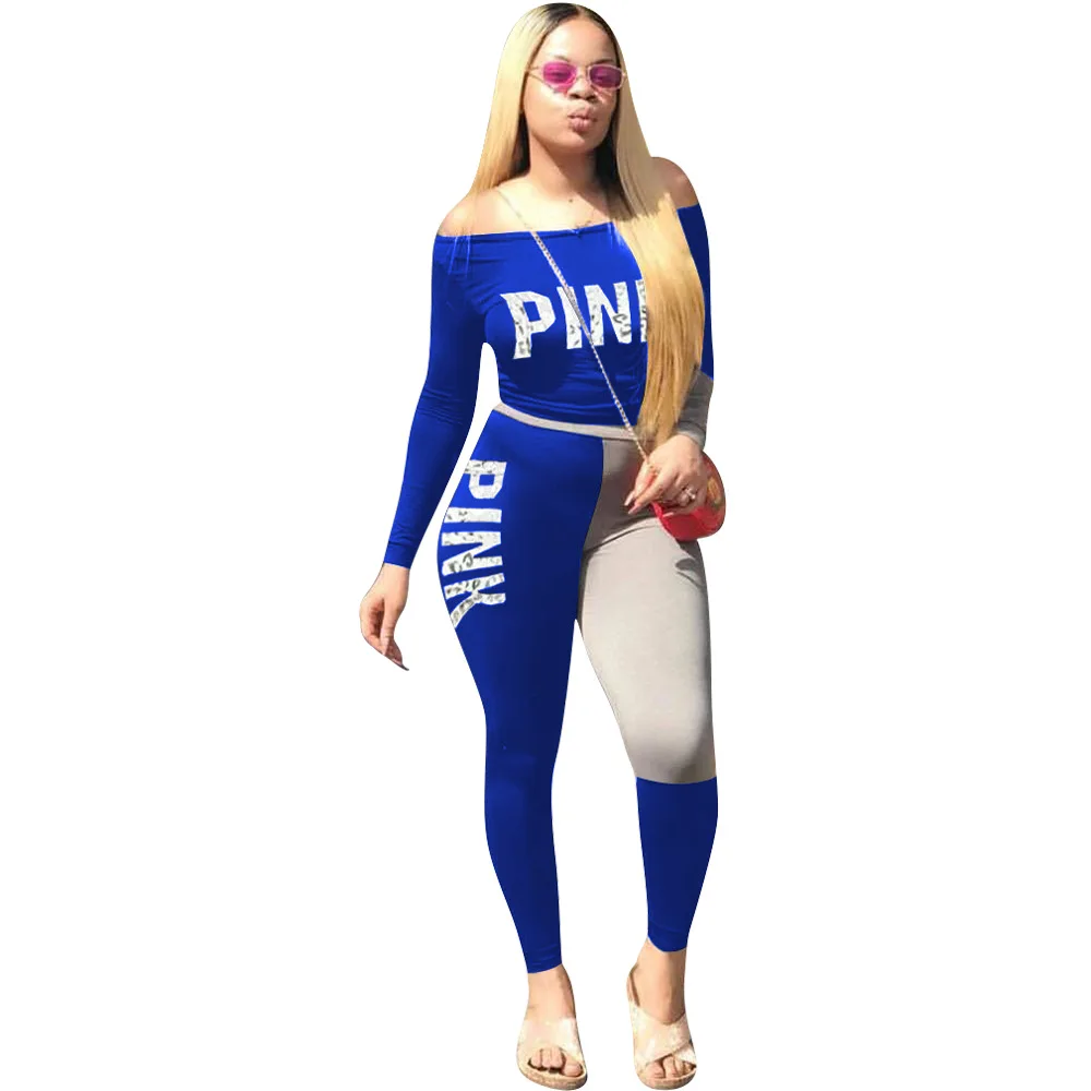 Женский осенний комплект из 2 предметов, брюки, зауженный крой, принт с буквами, топы и длинные штаны, топ и юбка, спортивный костюм, DH1056 - Цвет: Синий