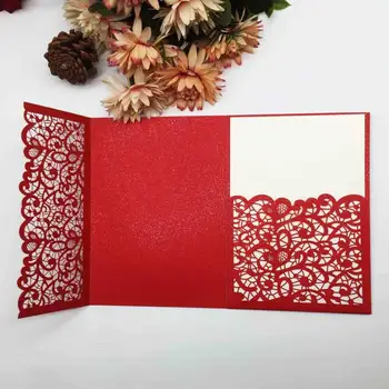 

30pcs Classic Chinese Red Tri-folding Invitation Cards ，Hollow Laser Cut Anniversary RSVP Cards Supplies Envelope