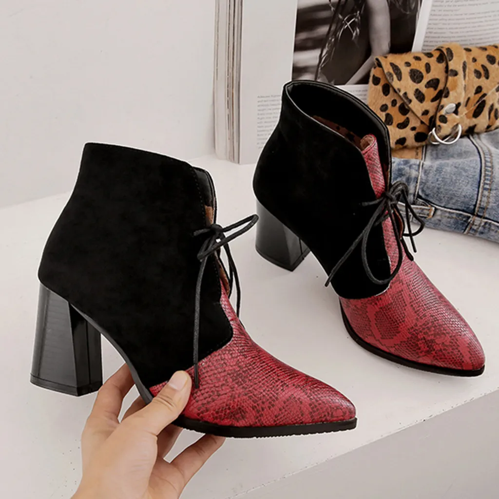 

Snake Pattern Patchwork Short Boots Women Pointed Toe Lace-Up Boots Ladies Vintage Square High Heels Shoes Leather Booties 2019