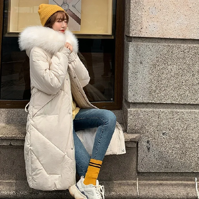 Creamy-white Пальто Для женщин зима Новое модное утепленное корейское пальто с капюшоном меховой воротник пуховая хлопковая куртка, длинная Для женщин парка размера плюс Для женщин - Цвет: Creamy-white