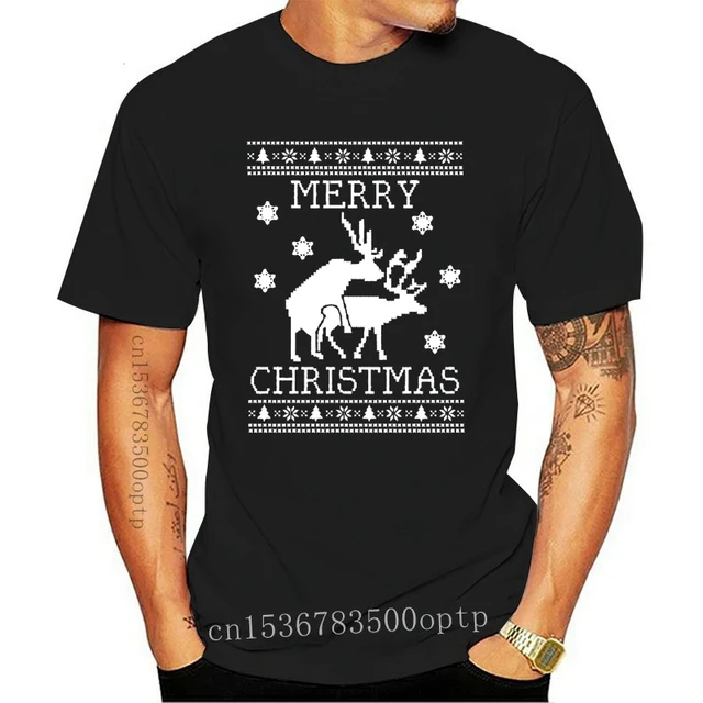 New 2021 Cotton Reindeer Humping Ugly Christmas Sweater T-Shirt Merry Xmas Party Present Gift Short-Sleeve T-Shirt blackMen