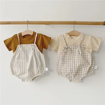 

7plus1 boutique infant girls tee+pants+ HAT set summer cotton Korea style Ins hot solid T-shirts plaid suspender short pants