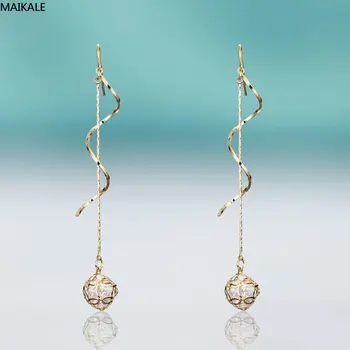 

MAIKALE Trendy Hollow Metal Ball Zircon Drop Earring Twist Spiral Long Chain Dangle Earrings for Women Gold Hook Earing