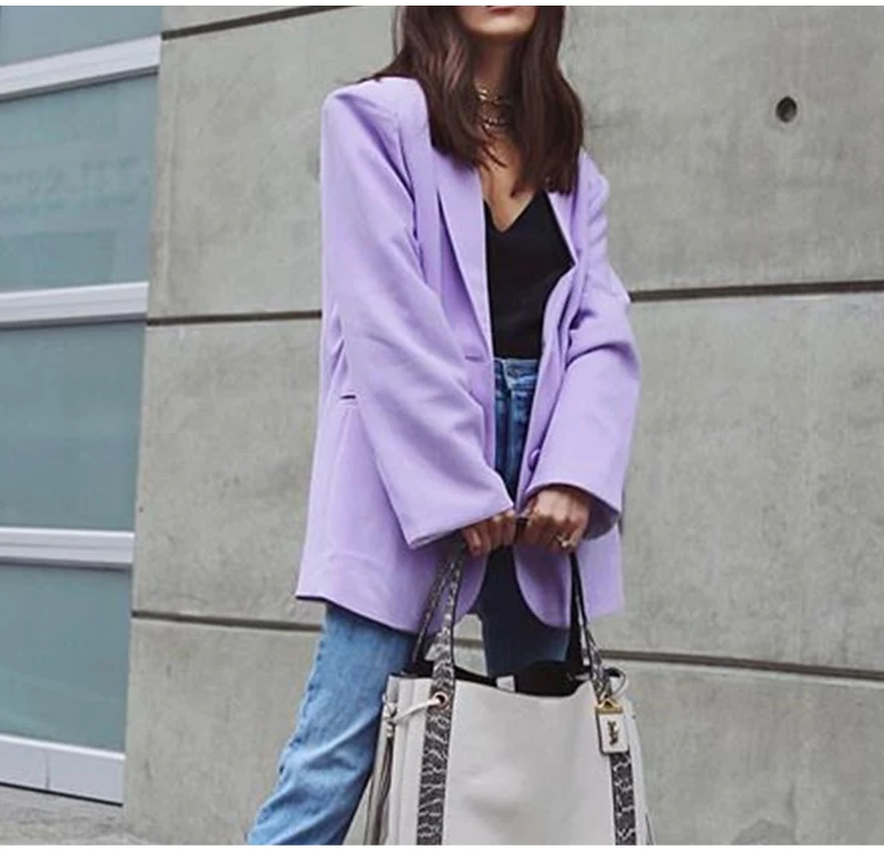 DICLOUD Violet Oversize Blazer With Pocket Women Autumn Winter Long Sleeve Solid Long Jacket Office Lady Fashion Streetwear