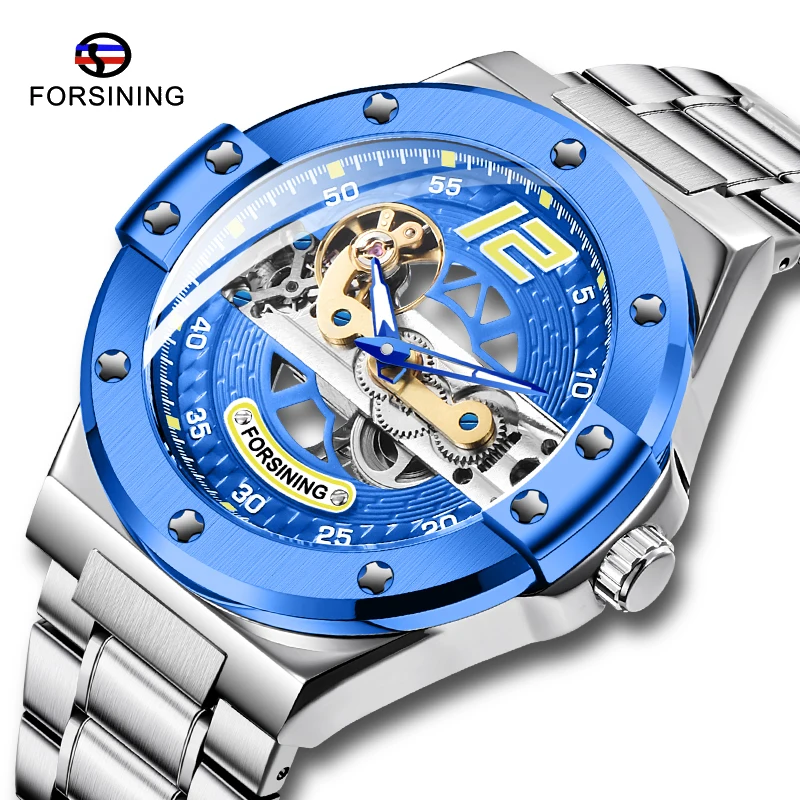 New Fashion FORSINING Men Automatic Mechanical Watch Transparent Steampunk Skeleton Clock Bridge Self Winding Waterproof Watches