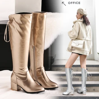 

Women knee high boots Women Riding boots Gold silver Autumn Winter Zipper Thigh High Boots Botas Mujer Footwear size 32 33 45