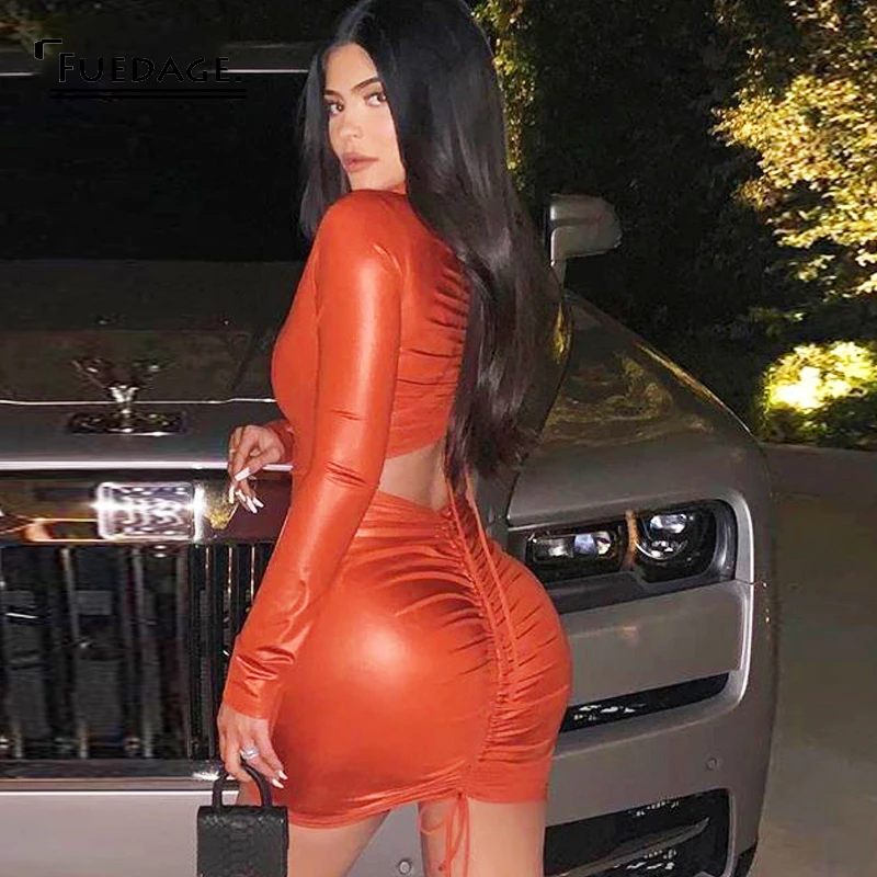 

Fuedage Bodycon Mini Dress Women Backless Hollow Out Long Sleeve Autumn 2019 Dress Bandage Elegant Sexy Club Female Vestidos