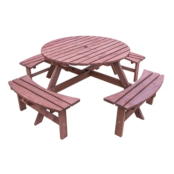 

Panana Wooden Round 6 / 8 Seaters Picnic Table Wood Bench Seats Garden Table Bench set Fast ship to UK