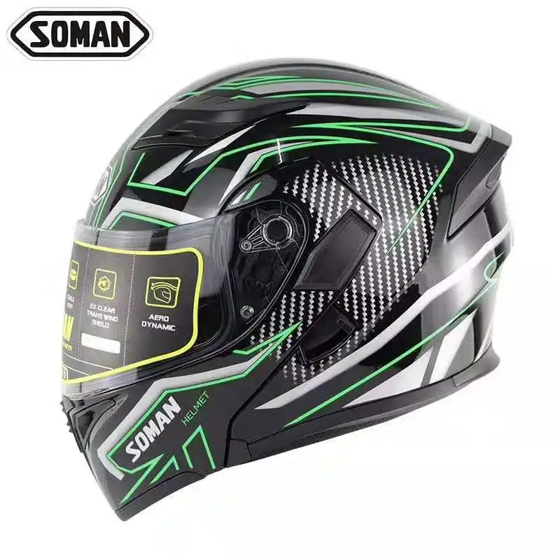 SOMAN DOT двойной козырек мотоциклетный Bluetooth Полный шлем мотоциклетный BT Флип Шлемы Беспроводная гарнитура Музыкальный телефонный звонок - Цвет: Black green