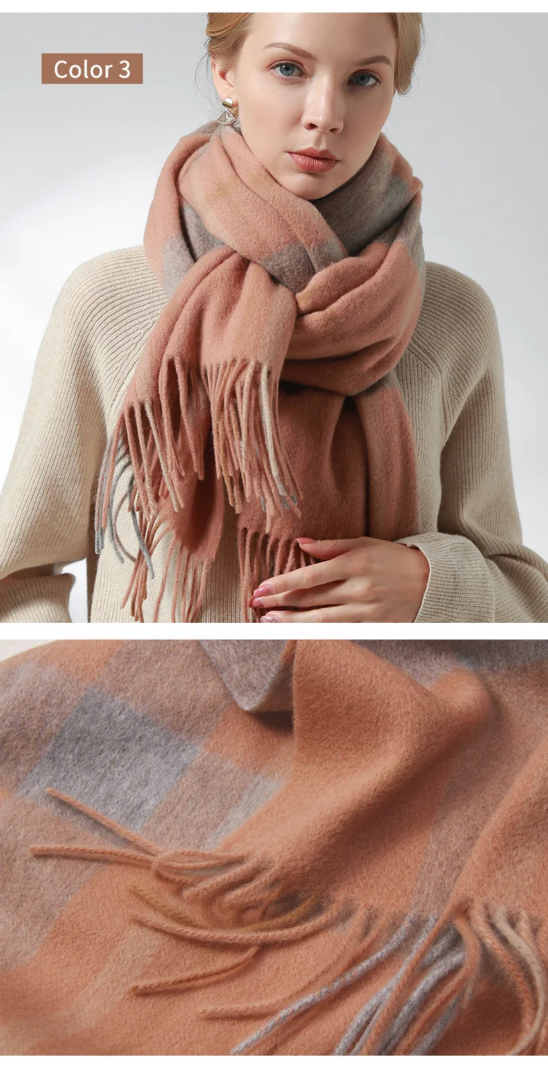 Зимний шарф из шерсти, женские плотные теплые шали и палантины, клетчатые шарфы из шерсти ягненка, кашемировые шарфы