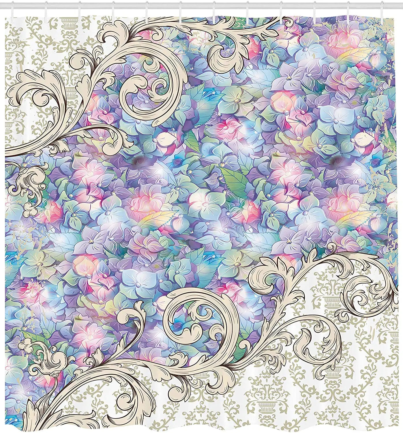 Красочные Гортензии Романтический барокко Swirls Art Nouveau Вдохновленный дизайн печать декор для ванной комнаты