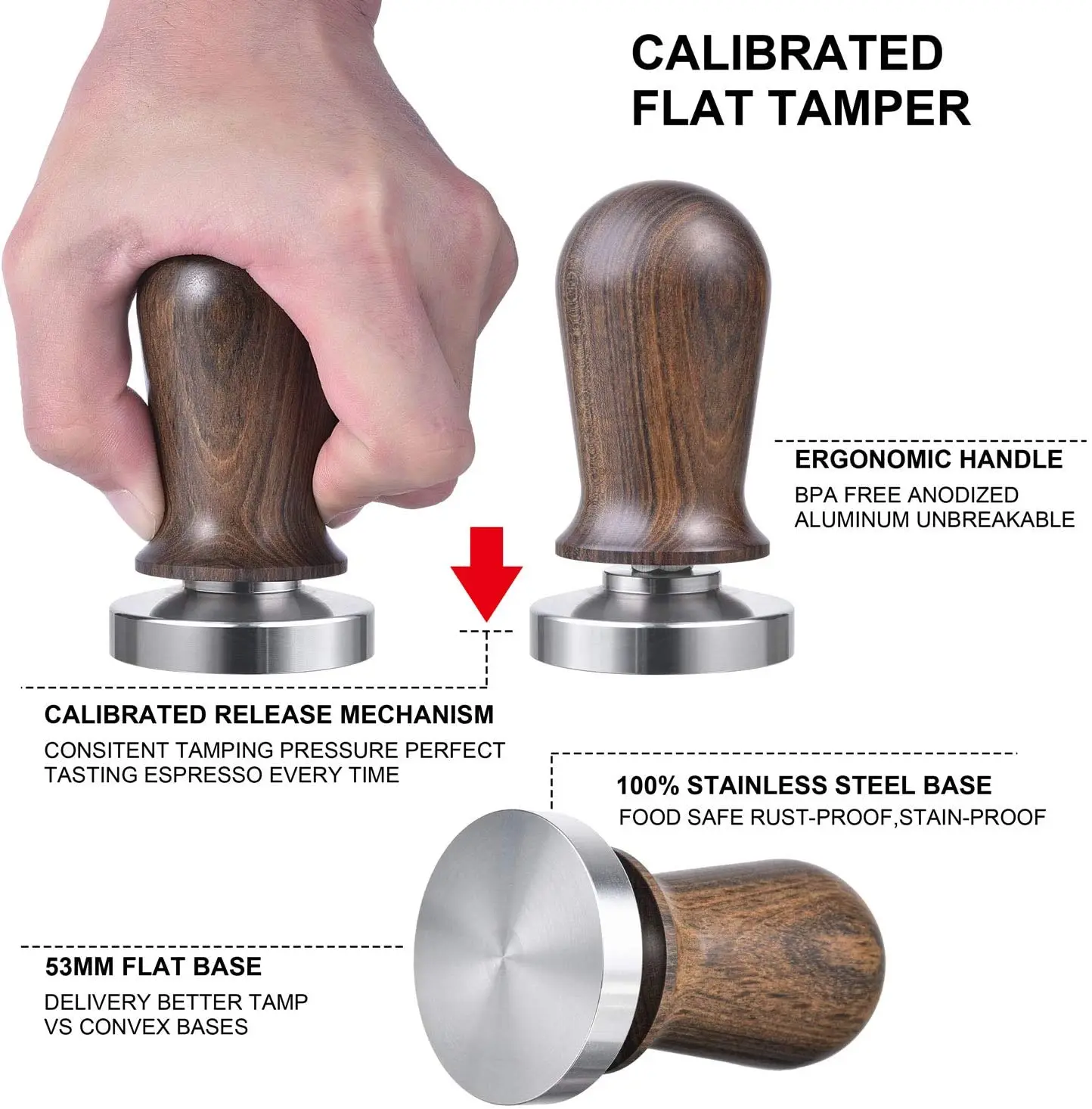 51/53/58mm Calibrated Espresso Tamper Calibrated Coffee Tamper With Spring Loaded Wooden Handle Stainless Steel Flat Base Espresso Tamper Coffee Tools Coffee Powder Press