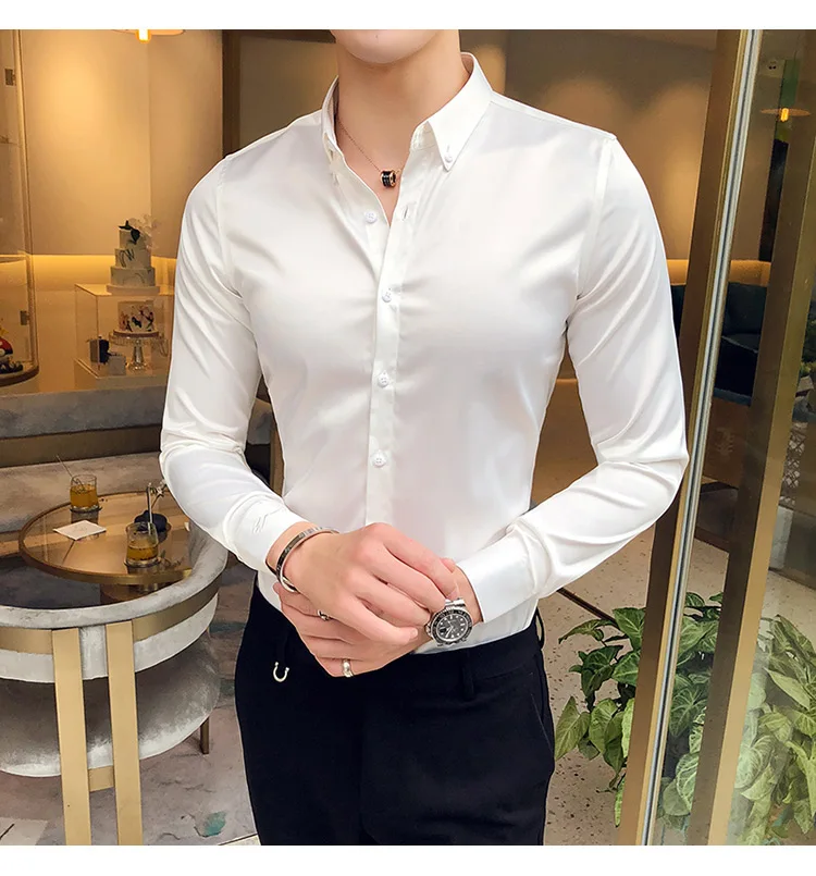 High grade white dress shirt men winter long sleeve black casual shirt slim fit male business office work solid color thick warm
