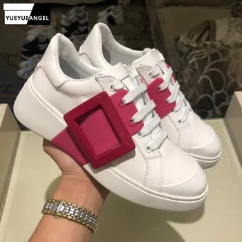 

Euro Designer New Mixed Colors Square Buckle Womens Casual Leather Shoes Genuine Leather Round Toe Lace Up Increase Shoes