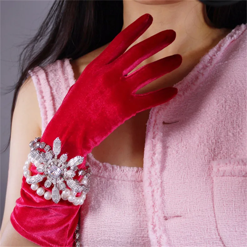 Женские перчатки 40 см высокие эластичные велюр перчатки Мода цвет красного вина бордовый бархат золото бархат женские варежки Сенсорный