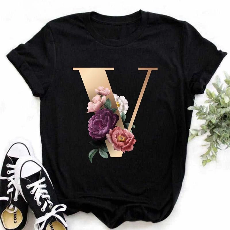 Camisetas personalizadas con combinación de letras nombre para mujer, Camiseta estampada de alta calidad, ropa de manga corta con estampado de flores A, B, D, E, G|Camisetas| - AliExpress