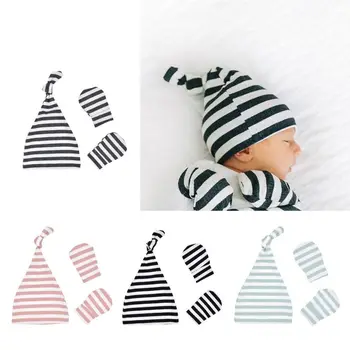 

Newborn Baby Hospital Hat & Mitten Set Infant Stripe Cap Anti Scratch Gloves