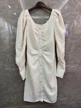 

2020 Early Autumn New Women's V-neck Pearl Buckle Decorative Wrinkle Long Sleeve Woolen Dress 731