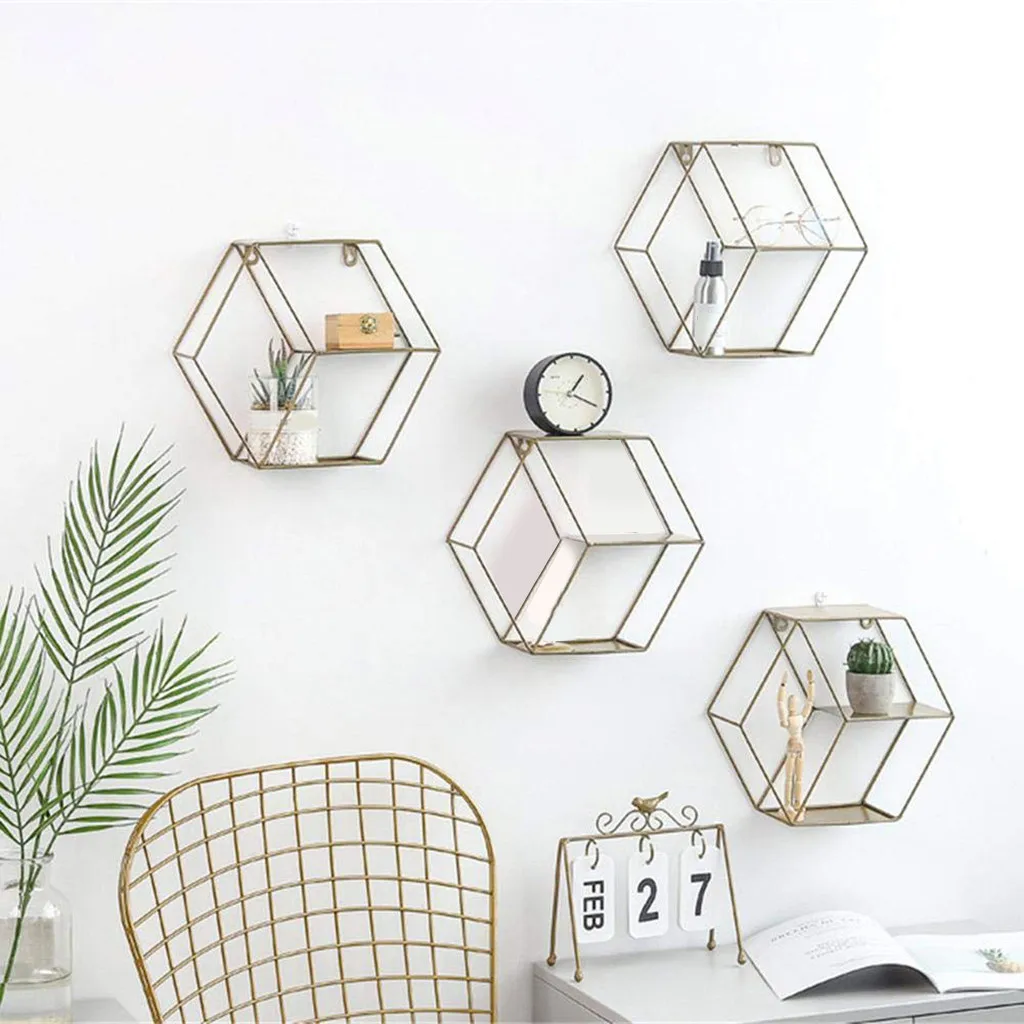 Hexagonal Geometric Storage Frame Iron Grids Wall Shelf Hanging Decor Christmas Accessories for home | Дом и сад