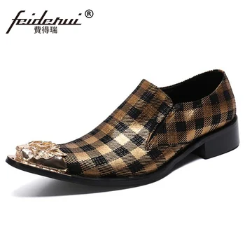 

Big Szie 37-46 Metal Toe Slip on Man Wedding Banquet Party Loafers Genuine Leather Handmade Men's Plaid Prom Casual Shoes SL770