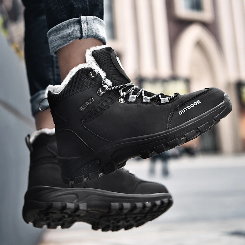 Genuine Leather Men Boots Winter with Fur Warm Snow Boots Men Winter Work Casual Shoes Military Rubber Ankle Boots