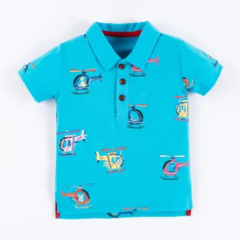 

Little Maven New Summer Kids Lake Blue Helicopter Animals Turn-down Collar Short- sleeved Cotton Knitted Boys Casual Tshirts