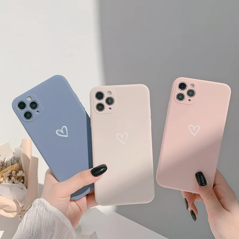 Simple Solid Color Love Heart Korean Phone Case For iPhone 11 Pro Max Xr X Xs max 7 8 Puls Se 2020 Cases Soft Silicone Cover