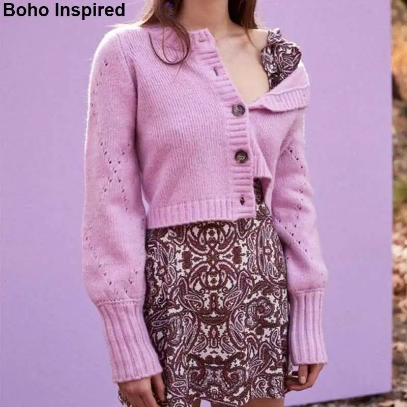 Boho Inspired lavender women cardigan long Sleeve hollow out Knit Cropped female buttons chic winter sweaters |