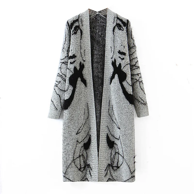 

2021 Spring Autumn New Abstract Beauty Pattern Long Cardigan V Neck Casual Chic Knitted Sweater Jacket Coats Female Clothes