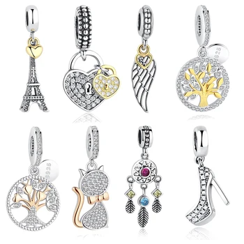 

Genuine 925 Sterling Silver PARIS Eiffel Tower Gold Charm Beads Fit Original Pandora Bracelets Feather Heart Charm DIY Jewelry