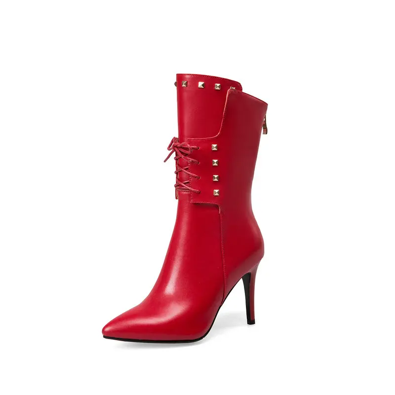 Новые ботинки из коровьей кожи на высоком каблуке женские сапоги до середины икры черное офисное платье обувь осень-зима женская обувь размер 41, 42, 43 - Цвет: Красный