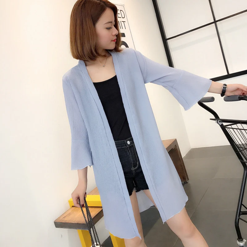 New Flare Sleeve  Chiffon Cover Up Blouse 2018 Summer Cardigan Women Loose Long Open Stitch Shirt Beach Shirts Sunscreen Blusas