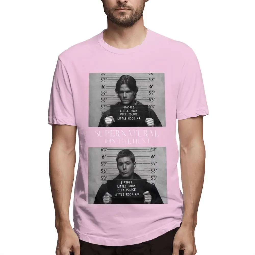 Для мужчин футболка Сверхъестественное Mugshot Тонкий Crewneck Ретро футболка - Цвет: Розовый