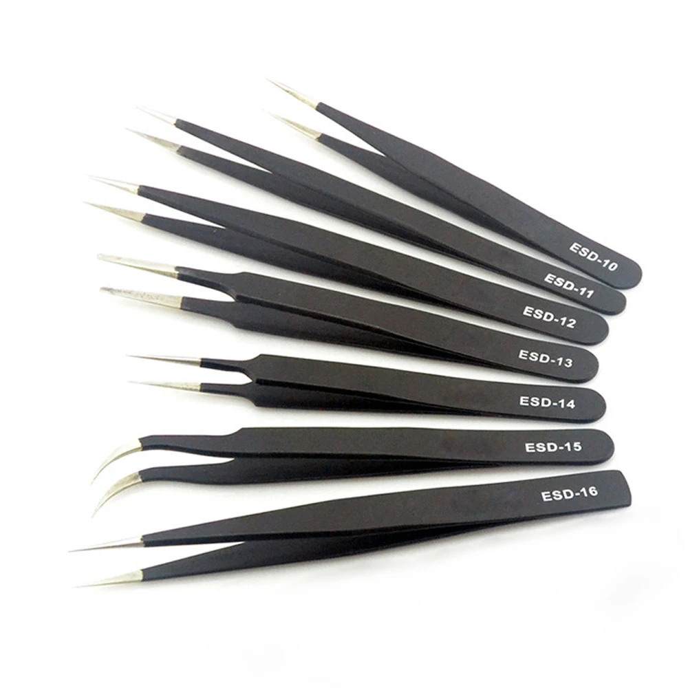 Anti-static ESD Stainless Steel Tweezers 1/6 PCS Maintenance Tools Industrial Precision Curved Straight Tweezers Repair Tools