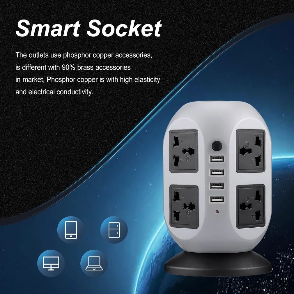 Башня Мощность полосы вертикальный смарт-розетка USB розеток 8-выход 4-USB Порты с кабелем вертикальный разъем Мощность торцевых головок штепсельная вилка европейского стандарта
