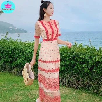 

2019 summer new ladies temperament sweet lace wave point long round neck embroidery pattern dress female