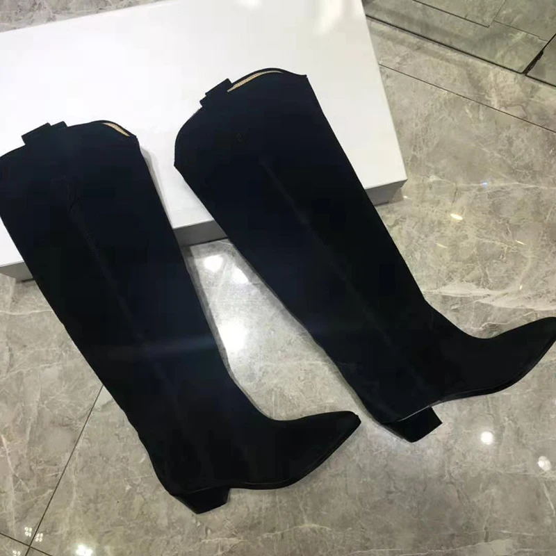 black suede Сапоги до колена из натуральной кожи; женские сапоги на танкетке с острым носком и вышивкой; женские ковбойские сапоги; zapatillas mujer - Цвет: black suede