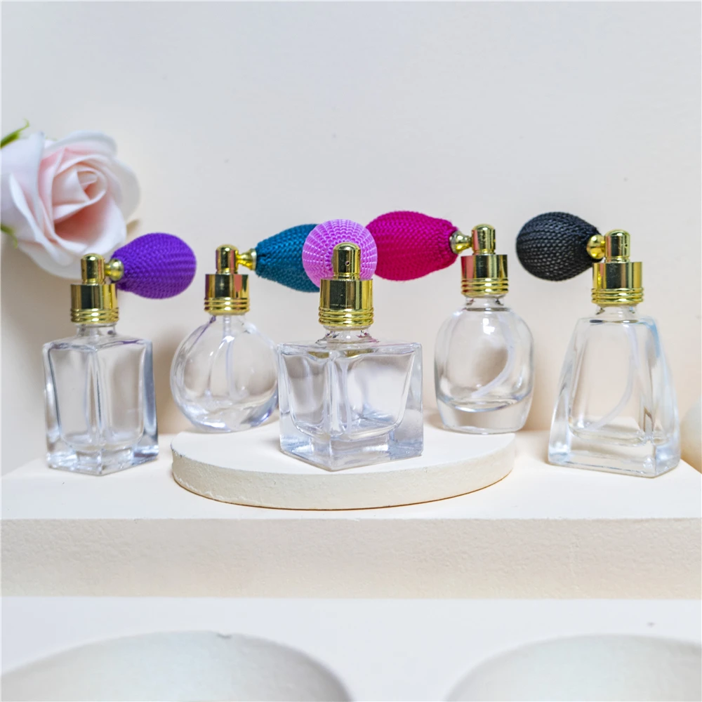 Mini Glass Spray Perfume Bottle with Gold Metal Cap, Short Atomizer, Refillable Small Jars, 5 Different Shape, 10ml, 5 PCs/Bag