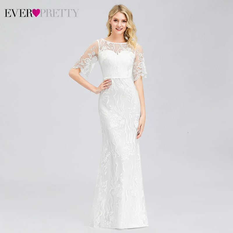 Иллюзия белые свадебные платья Ever Pretty Русалка o-образным вырезом Половина рукава элегантное кружевное свадебное платье для халат атласный De Mariee