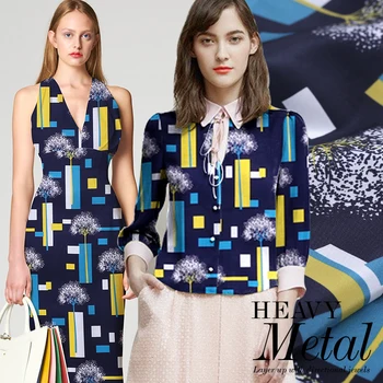 

100% Pure Natural Silk Fabric Crepe De Chine Dandelion 2019 New Printing Lining Pure Mulberry Silk Dress material dark blue
