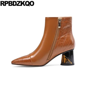 

autumn chunky stud brown booties high heel rivet ankle boots studded size 34 metal quality pointed toe luxury brand shoes women