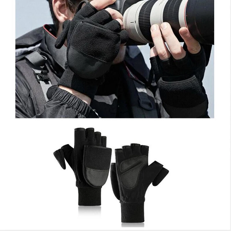 Women Men Winter Polar Fleece Half Finger Flip Gloves Double Layer