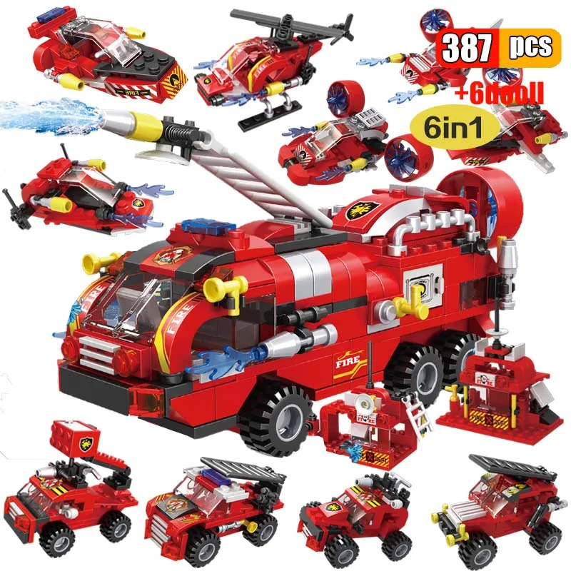 

387pcs 6in1 Fire Fighting Trucks Building Blocks Car Helicopter Boat City Firefighter Firemen Figures Man Bricks Children Toys