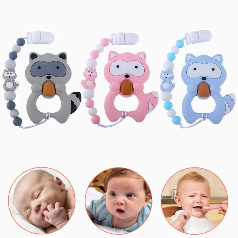 

Cartoon Animal Raccoon Tooth Gel Pacifier Chain Newborn Silicone Nipple Clip Baby Teether Set