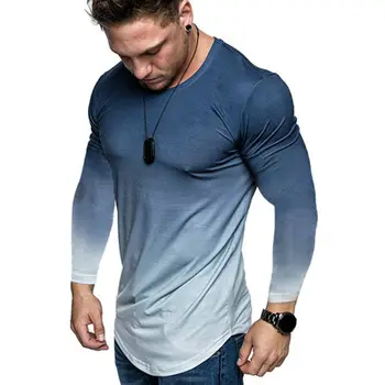 

Mens Gym Tracksuit Shirts Gradient Slim Muscle Fit Long Sleeve Gradient irregular hem Cotton Curved Hem Shirts