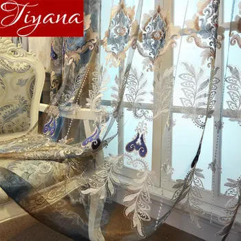 

Luxury Embroidery Blue Curtain for Living Room Romantic Noble for Bedroom Sheer Fabric Blinds Custom Made M033#40