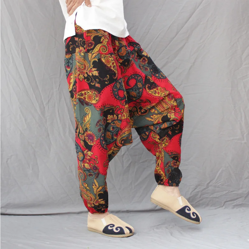 Винтажные мужские шаровары с принтом хип-хоп хлопковые Мешковатые Свободные широкие брюки в этническом стиле мужские уличные брюки