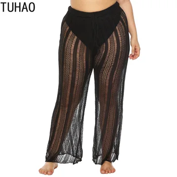 

TUHAO 2020 SPRING Summer Oversized Black Hollow Out Pants BEACH Knit Drawstring Pants Plus Size 4XL 3XL Casual Pants WM47